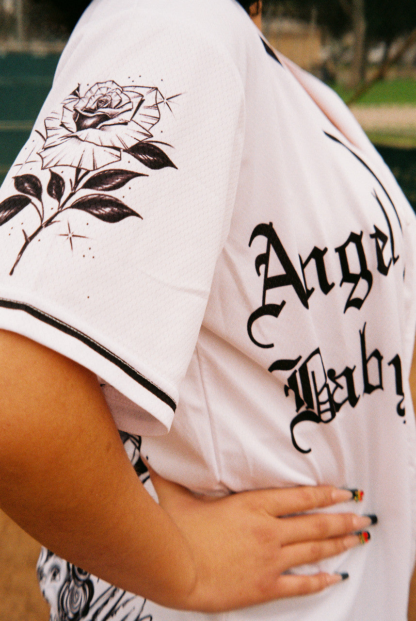 LR 'Angel Baby' Cherub Pen and Ink Cut & Sew Baseball Jersey (White/Black)