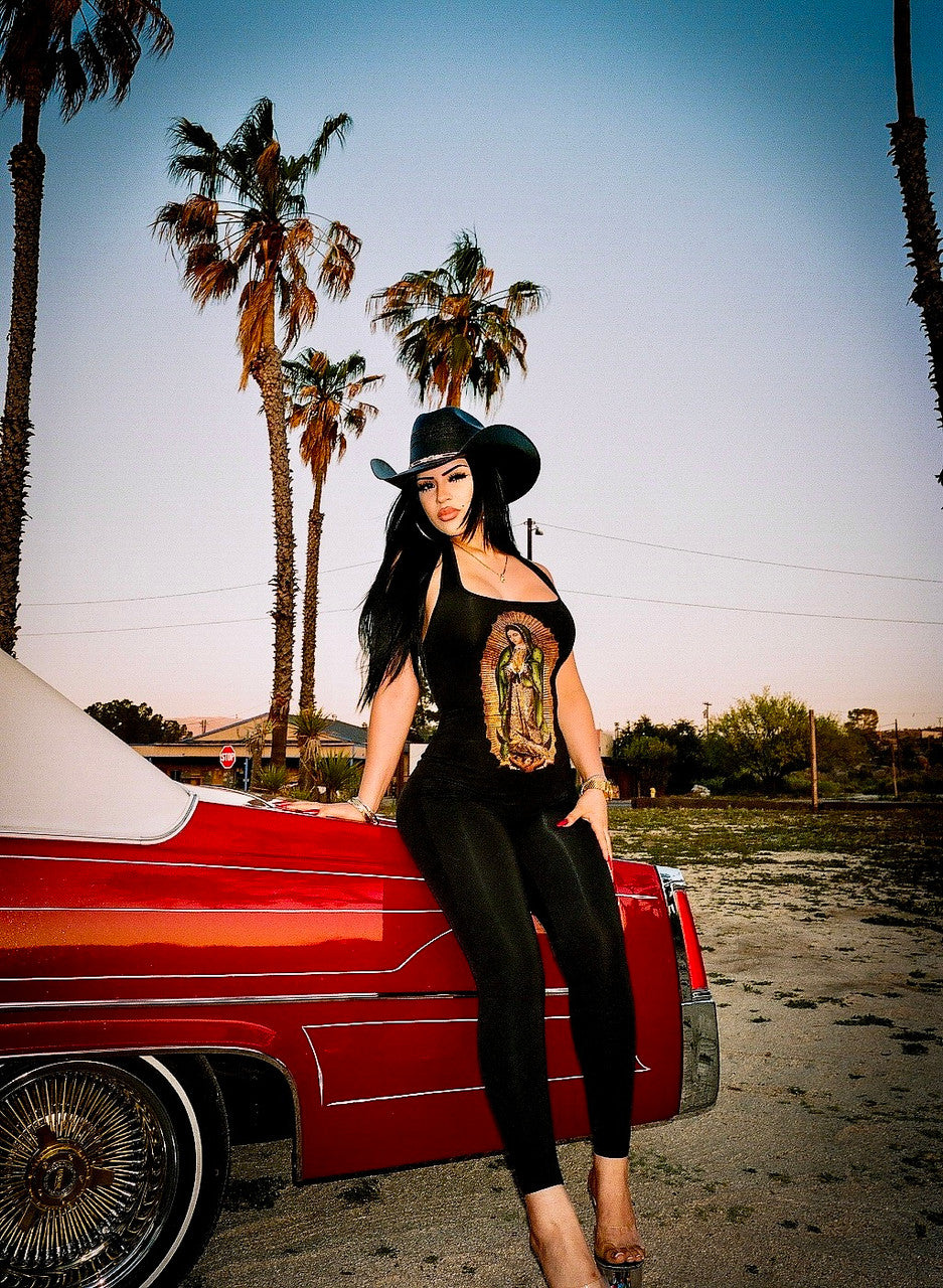 LIMITED EDITION 'VIRGENCITA' HALTER NECK ONE PIECE JUMPSUIT FULL LENGTH (BLACK)