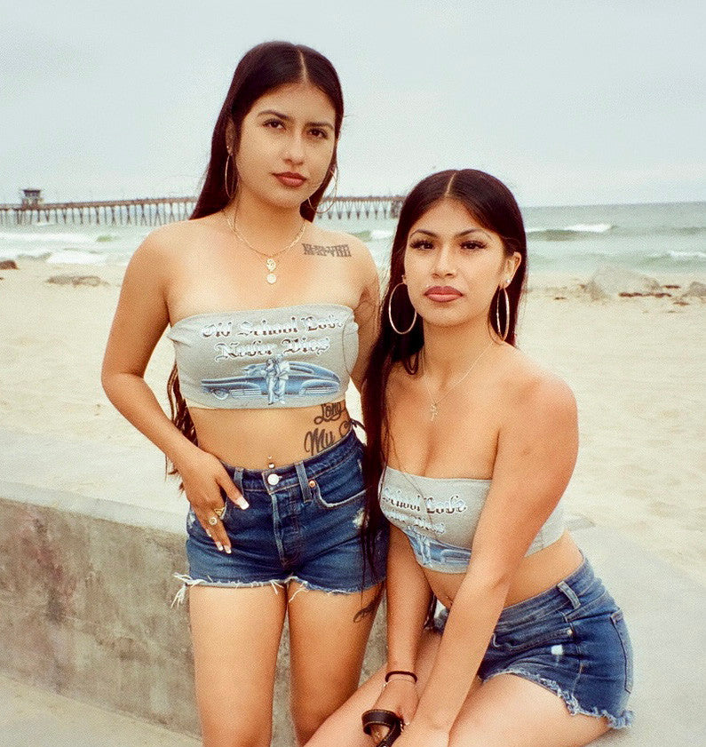 Limited Edition 'Old School Love Never Dies' Pen & Ink Tube Top (GREY/BLUE)