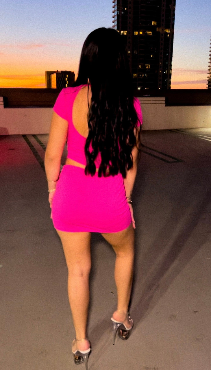 Limited Edition 'Angel Baby Meow' Airbrushed Crop Tee & Skirt Set (Neon Pink)