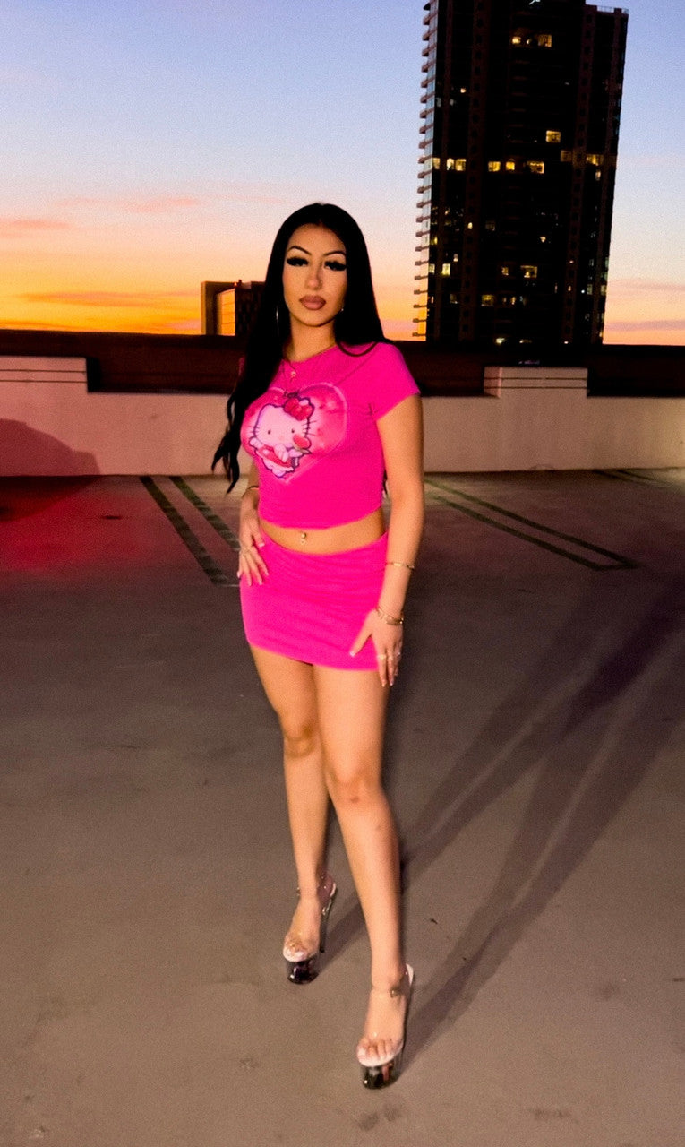 Limited Edition 'Angel Baby Meow' Airbrushed Crop Tee & Skirt Set (Neon Pink)