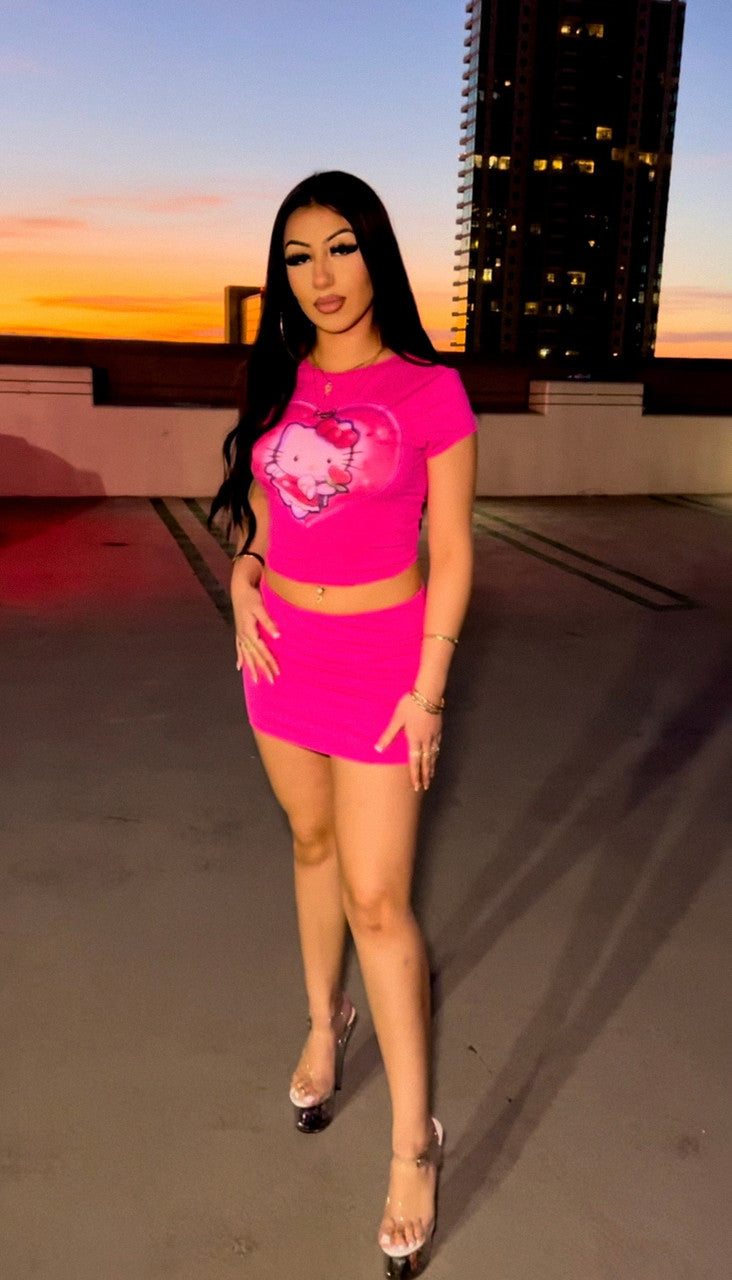 Limited Edition 'Angel Baby Meow' Airbrushed Crop Tee & Skirt Set (Neon Pink)