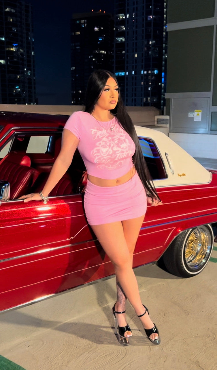 Limited Edition 'Smile Now Cry Later' Airbrushed Crop Tee & Skirt Set (Bubblegum Pink)