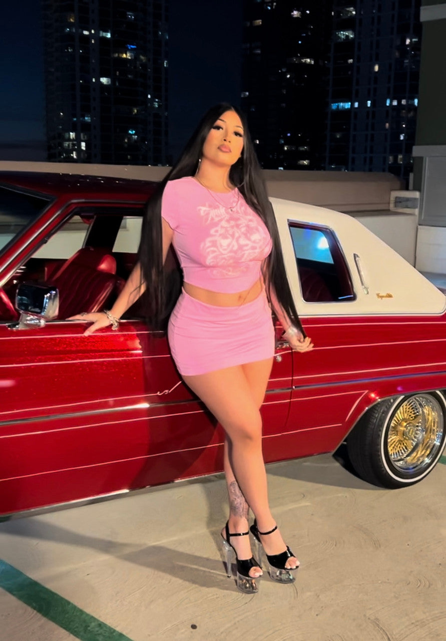 Limited Edition 'Smile Now Cry Later' Airbrushed Crop Tee & Skirt Set (Bubblegum Pink)