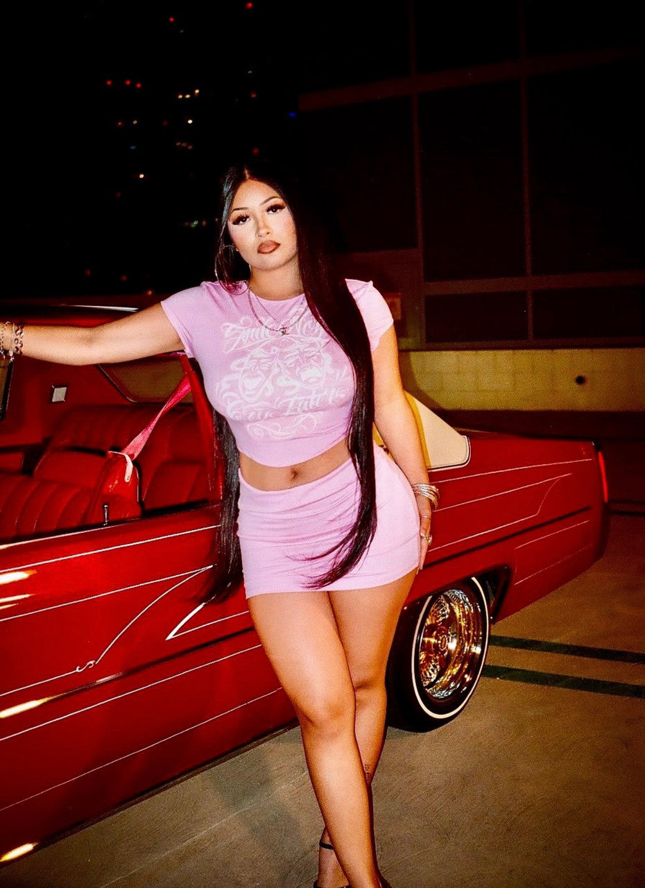 Limited Edition 'Smile Now Cry Later' Airbrushed Crop Tee & Skirt Set (Bubblegum Pink)