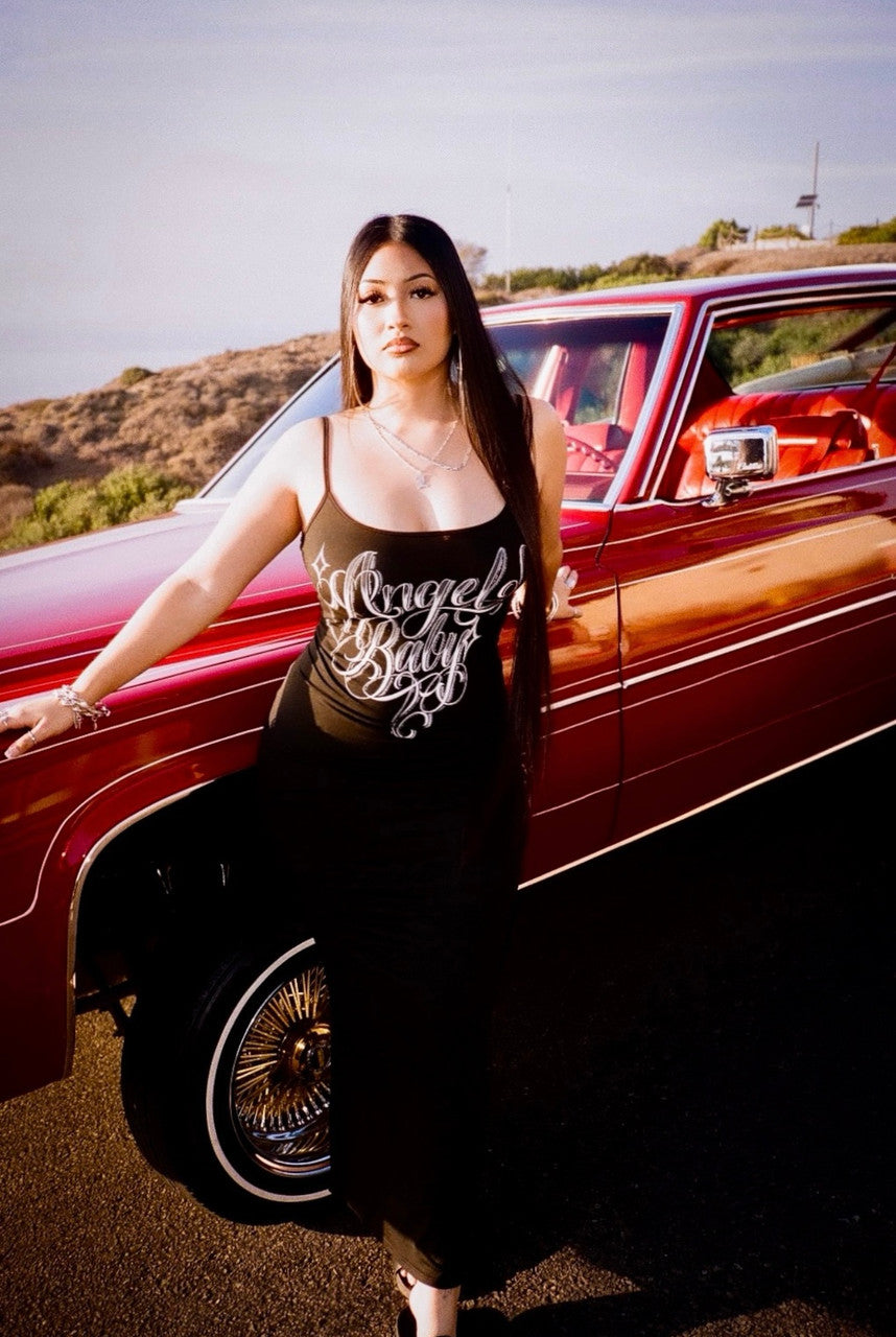 Limited Edition 'Angel Baby' Script Long Slip Dress (Black)