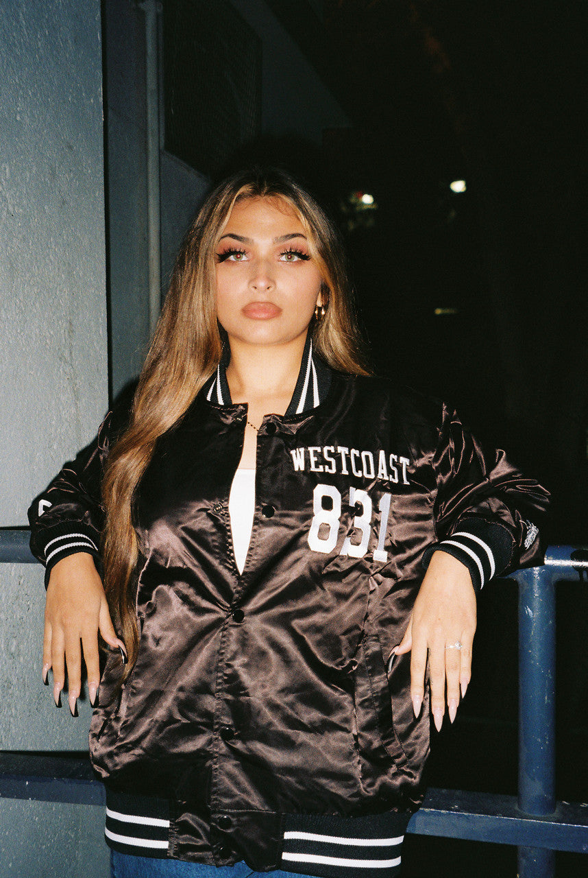 LR Limited Edition Cut & Sew WESTCOAST ROSAS Embroidered Satin Varsity Jacket (BLACK)