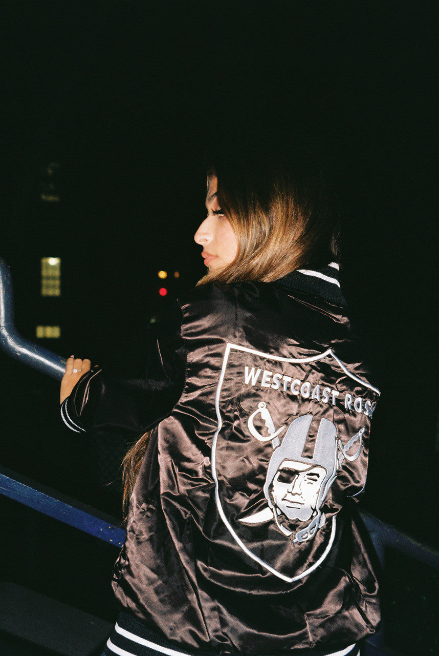 LR Limited Edition Cut & Sew WESTCOAST ROSAS Embroidered Satin Varsity Jacket (BLACK)
