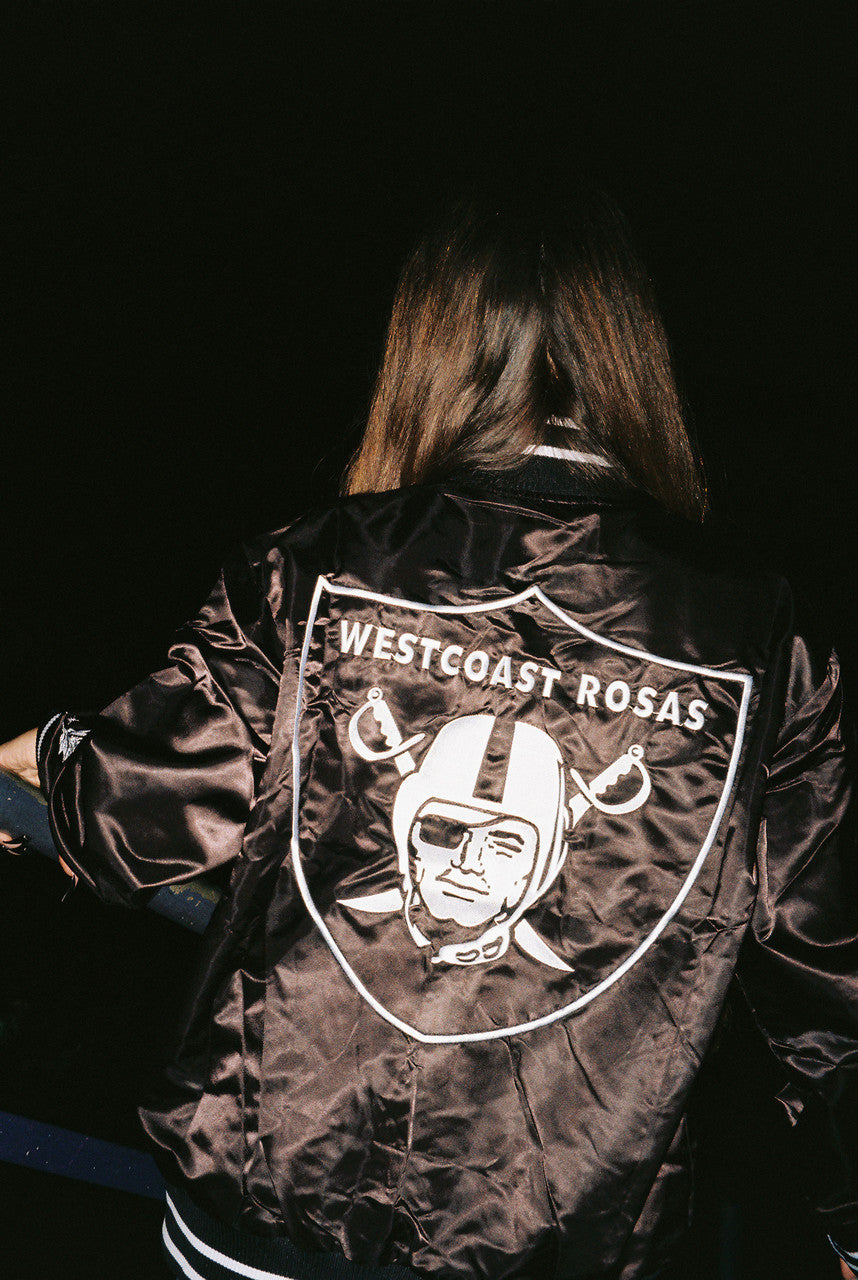 LR Limited Edition Cut & Sew WESTCOAST ROSAS Embroidered Satin Varsity Jacket (BLACK)