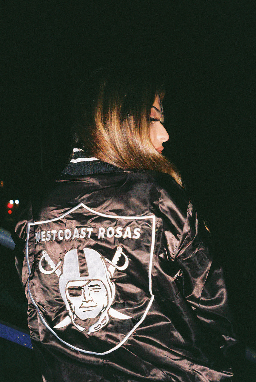 LR Limited Edition Cut & Sew WESTCOAST ROSAS Embroidered Satin Varsity Jacket (BLACK)