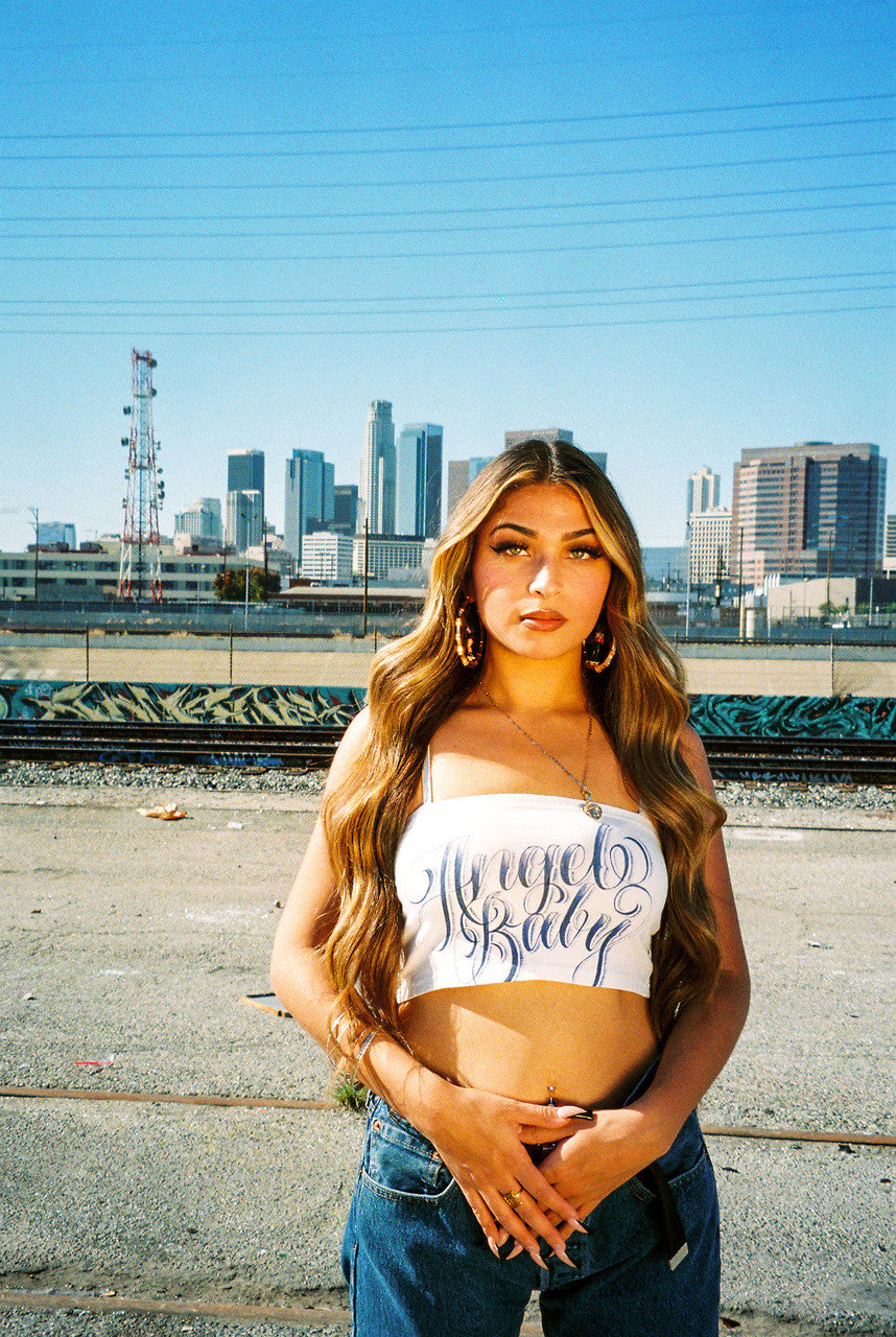 Angel Baby Script Tube Top (White/Blue)