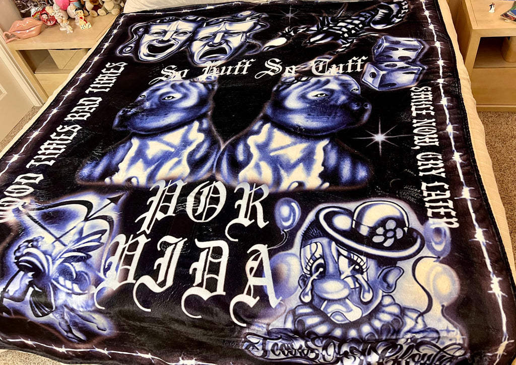 EXTRA LARGE 'POR VIDA' Airbrushed Collage Fleece Blanket (BLACK/BLUE) *Limited Edition