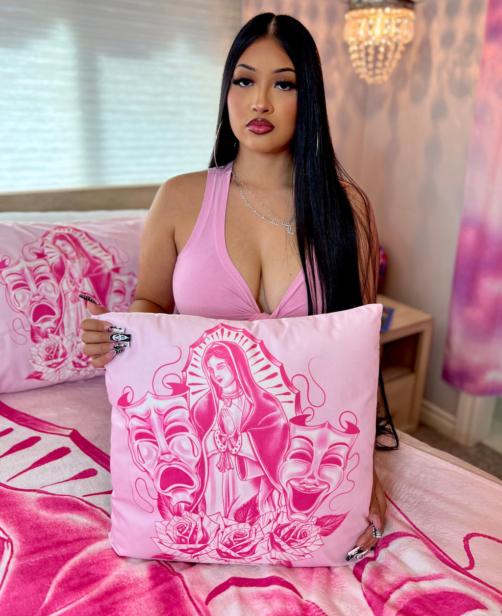 'LUPITA' Pen & Ink Square Throw Pillow (PINK)