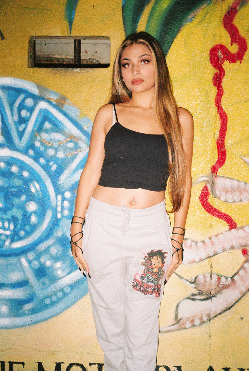 LR 'So Ruff So Tuff Betty' Custom Airbrushed  Embroidered Cut & Sew Fleece Joggers (Drawstring w/ pockets) GREY