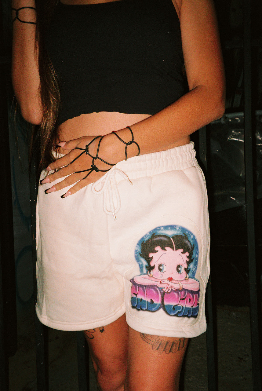 Sad Girl Betty' Custom Airbrushed Embroidered Cut & Sew Fleece Sweatshorts (Drawstring w/ pockets) TAN