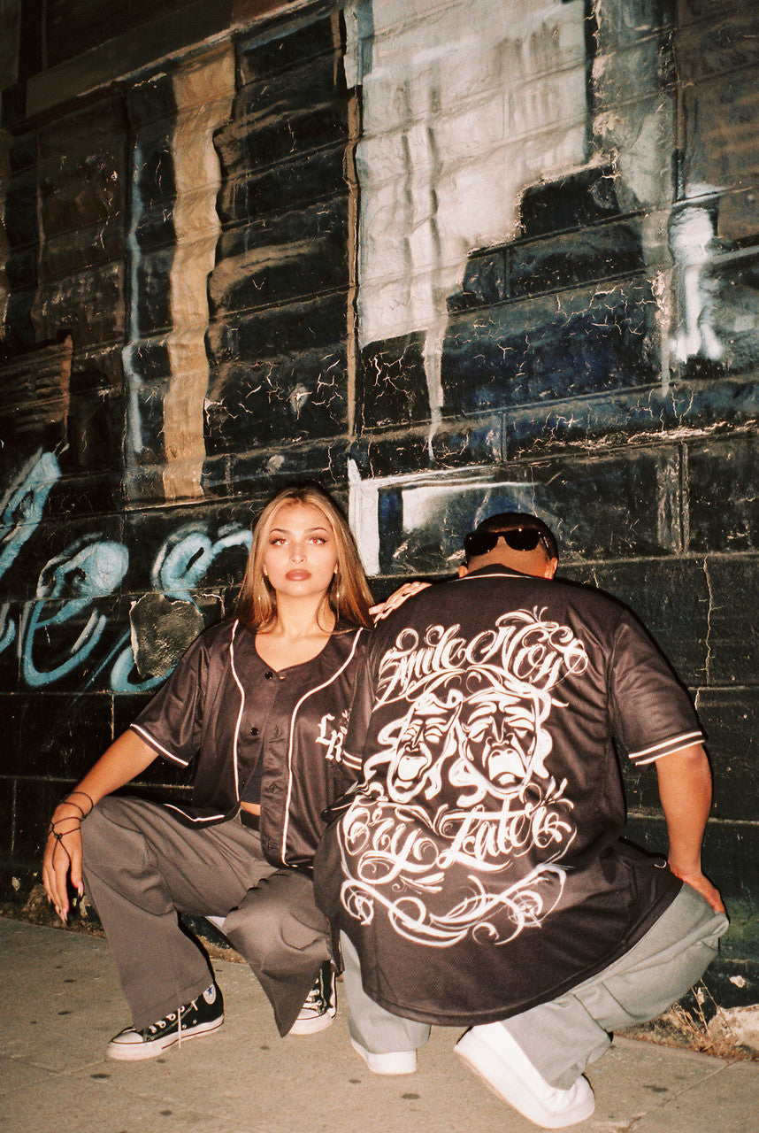 LR 'Smile Now, Cry Later' Airbrushed Cut & Sew Baseball Jersey (Black)