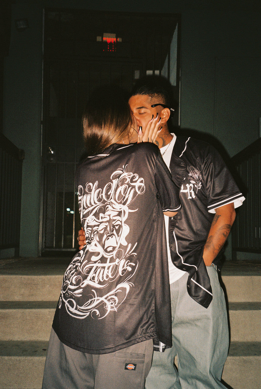 LR 'Smile Now, Cry Later' Airbrushed Cut & Sew Baseball Jersey (Black)