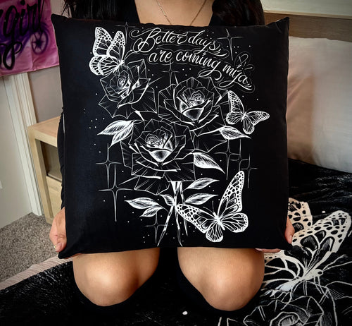 'BETTER DAYS ARE COMING' Pen & Ink Square Throw Pillow (BLACK)