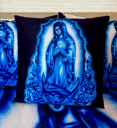 'OUR LADY' Airbrushed Square Throw Pillow (BLUES)