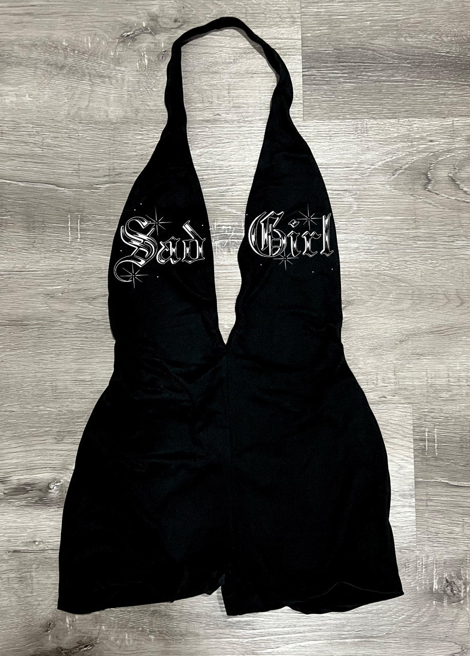 LIMITED EDITION 'SAD GIRL OE' PEN & INK ONE PIECE DEEP CUT HALTER ROMPER (Black)