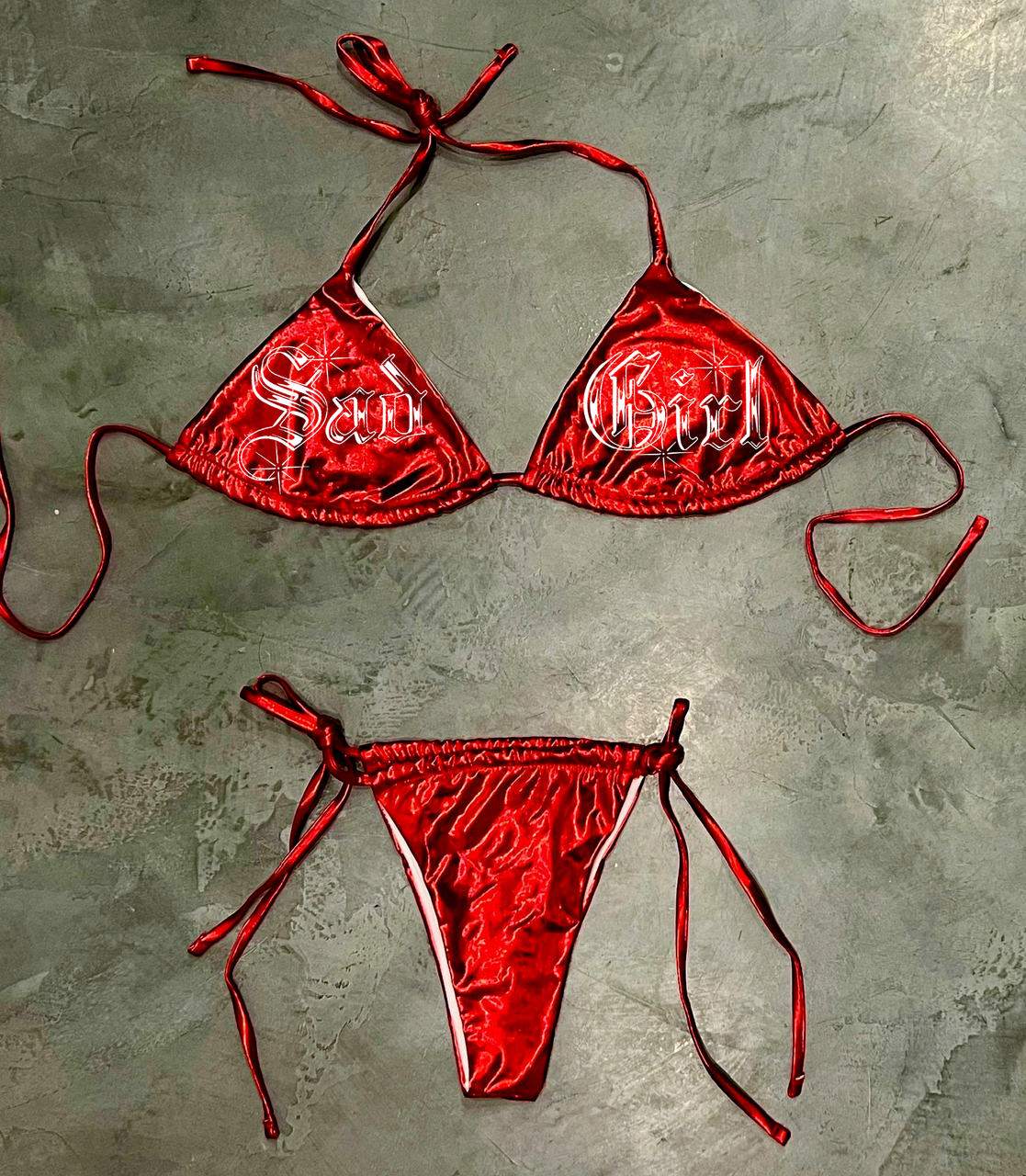 Lux Rosa SAD GIRL Embroidered Bikini METALLIC RED