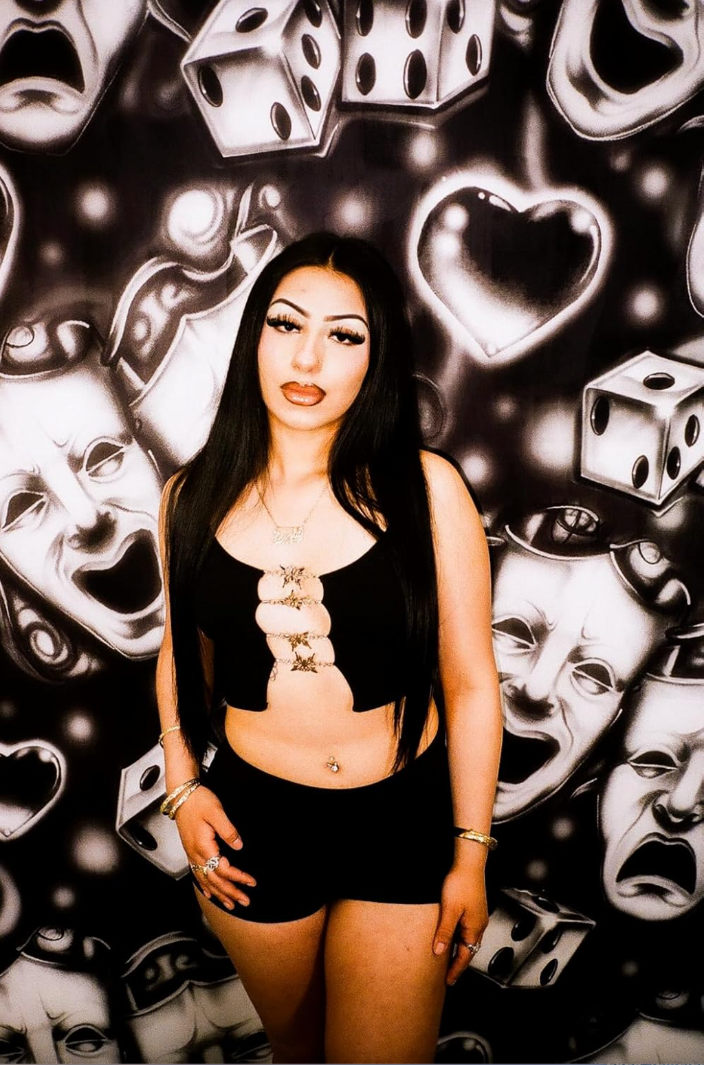 EXTRA EXTRA EXTRA XXXL EARLY 2000s Y2K EMOTIONS 'SMILE TOGETHER CRY LATER CHROME DICE & HEARTS' Glamour ShotsAirbrush 90s Backdrop (BLACK) (XXXL) Exclusive/Limited Edition!!