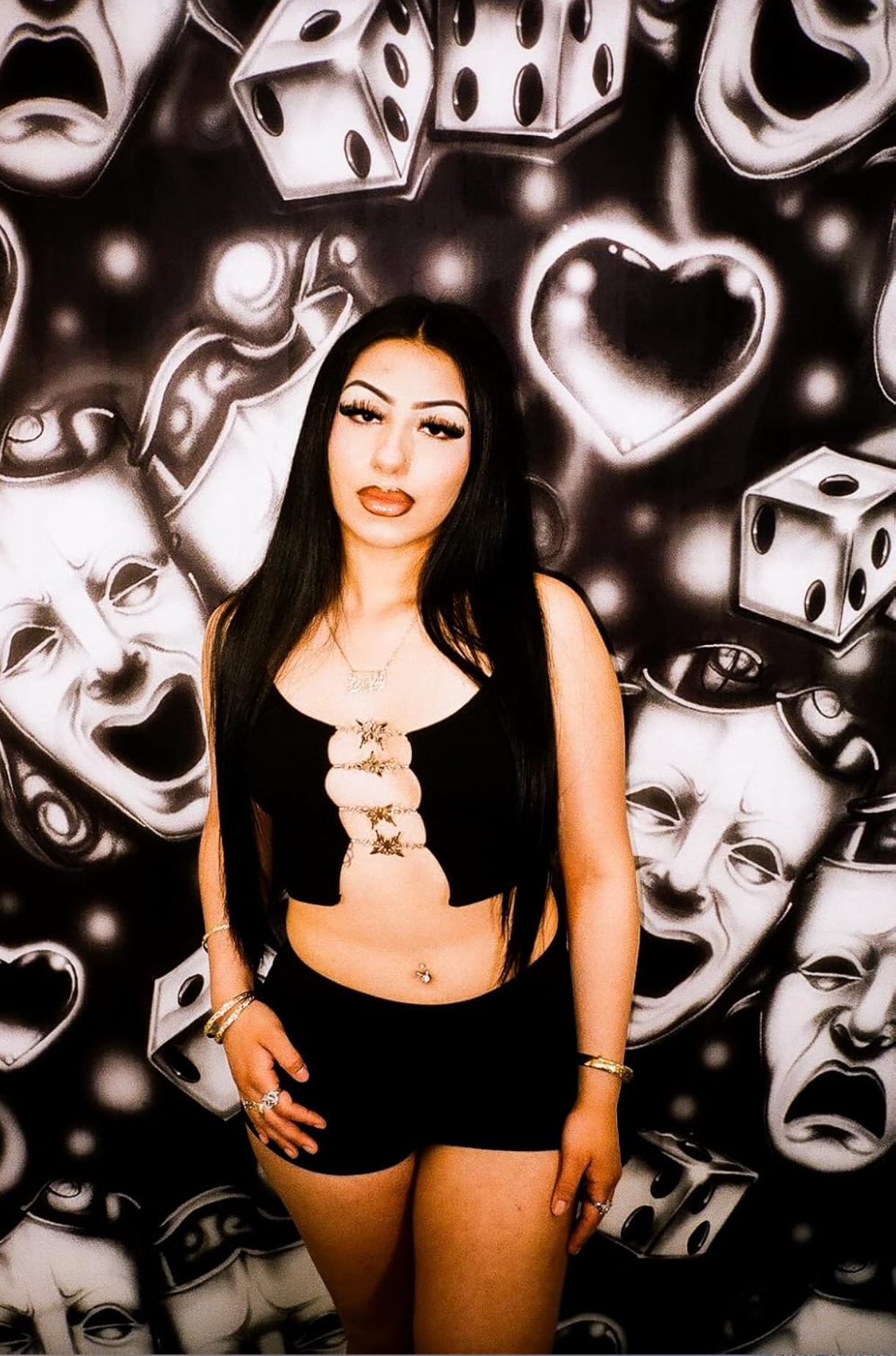 EXTRA EXTRA EXTRA XXXL EARLY 2000s Y2K EMOTIONS 'SMILE TOGETHER CRY LATER CHROME DICE & HEARTS' Glamour ShotsAirbrush 90s Backdrop (BLACK) (XXXL) Exclusive/Limited Edition!!