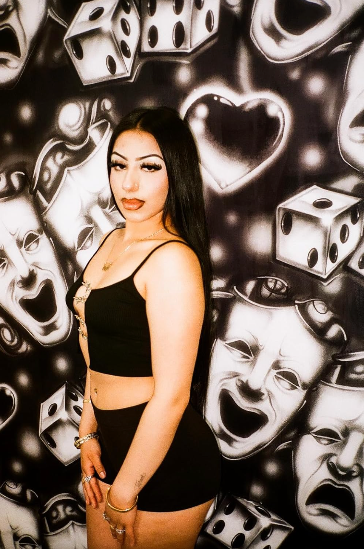 EXTRA EXTRA EXTRA XXXL EARLY 2000s Y2K EMOTIONS 'SMILE TOGETHER CRY LATER CHROME DICE & HEARTS' Glamour ShotsAirbrush 90s Backdrop (BLACK) (XXXL) Exclusive/Limited Edition!!