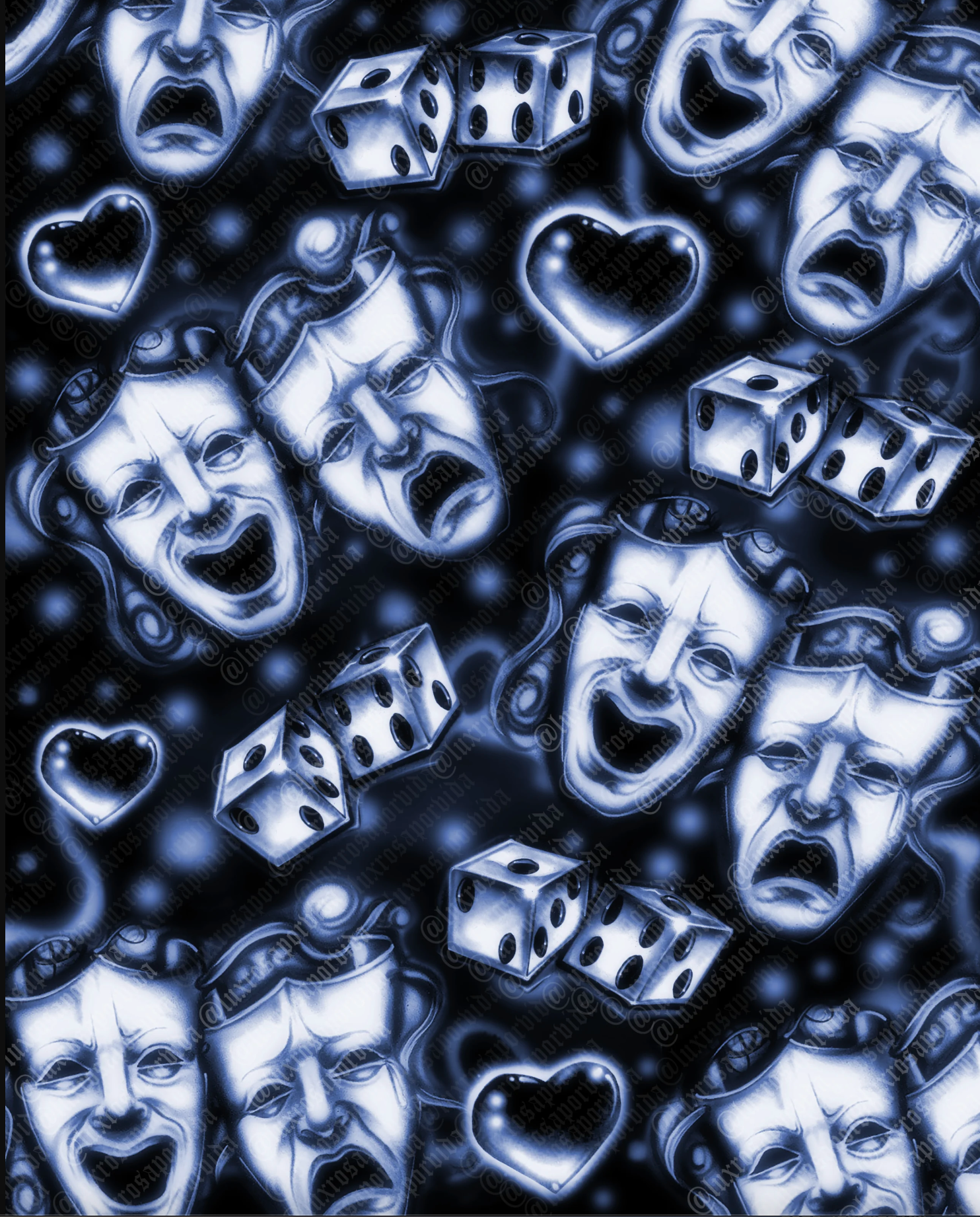 Early 2000s Y2K 'Smile Now Cry Later Chrome Dice & Hearts' Airbrush 90s Glamour Shots Backdrop (MIDNIGHT BLUE) (Extra Large)