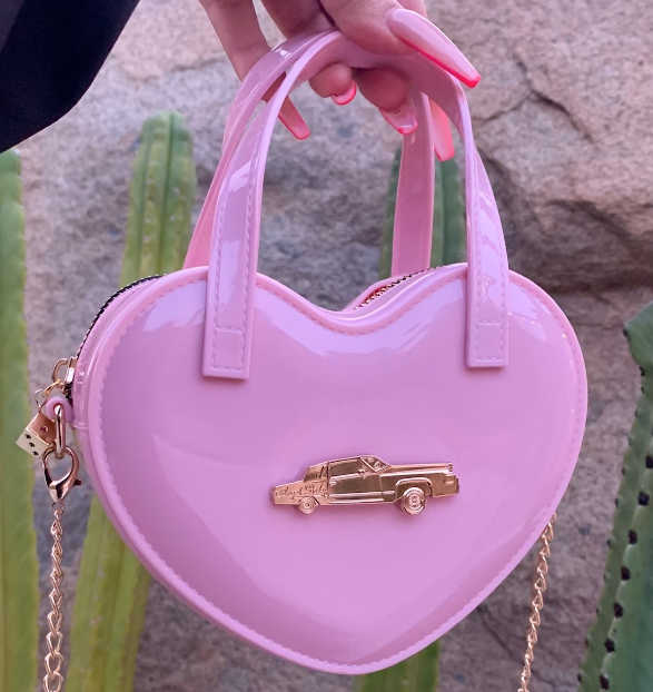 LIMITED EDITION Angel Baby Low Low Glossy Cross Body Chain Link Heart Handbag W/ 24K Solid Gold Dice Zipper Pull BUBBLEGUM PINK ((Limited Edition))