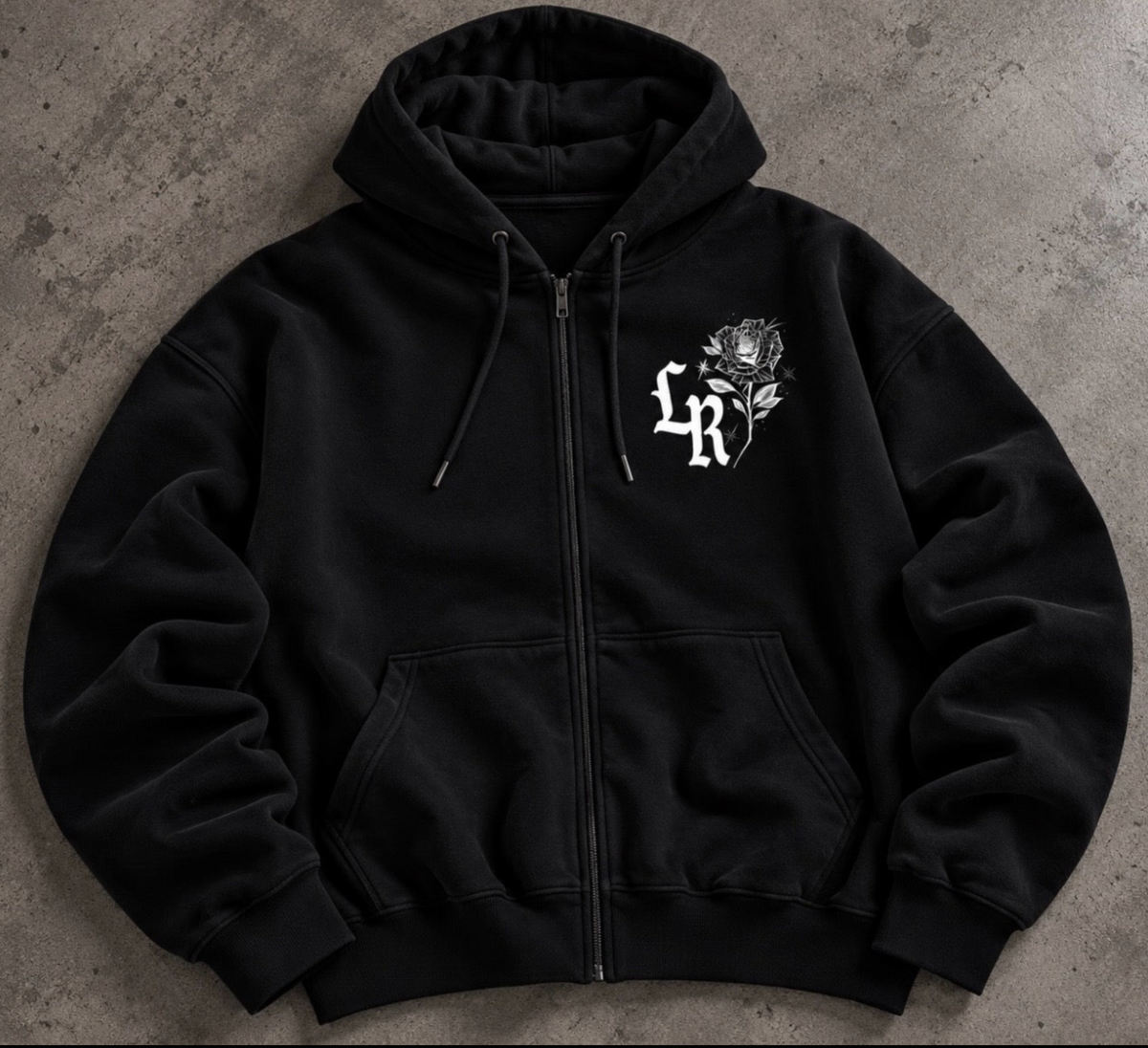 'LUPITA' Pen & Ink Premium Fleece Zip-Up Hoodie (Black/White)
