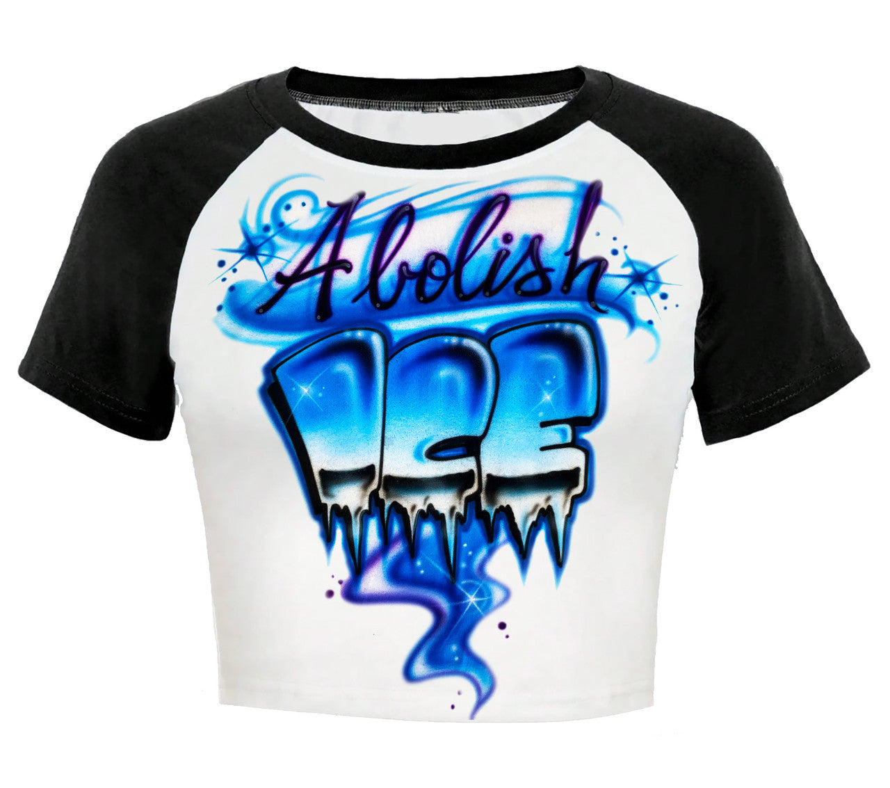 ‘ABOLISH ICE' Airbrushed Cropped Baseball Tee (Black/White)