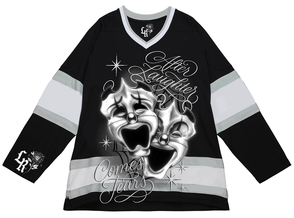 Ultra Premium 'After Laughter Comes Tears' Pen & Ink Cut & Sew Long Sleeve Hockey Jersey (Black/Grey)