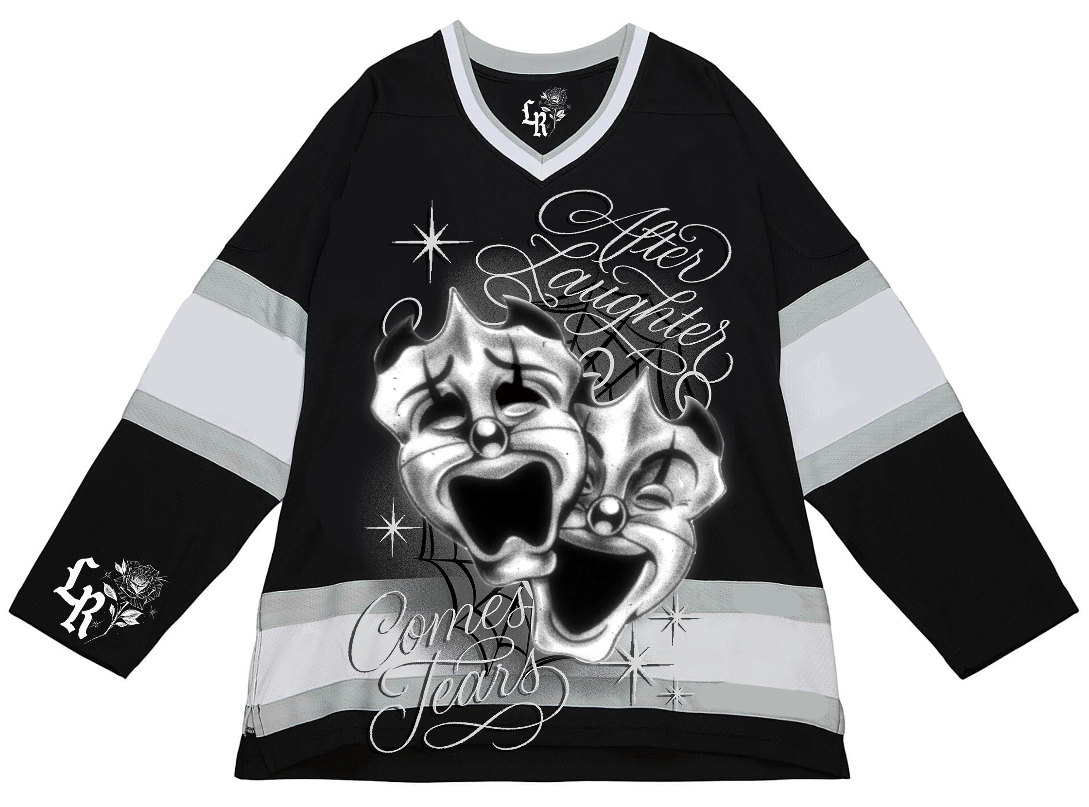 Ultra Premium 'After Laughter Comes Tears' Pen & Ink Cut & Sew Long Sleeve Hockey Jersey (Black/Grey)