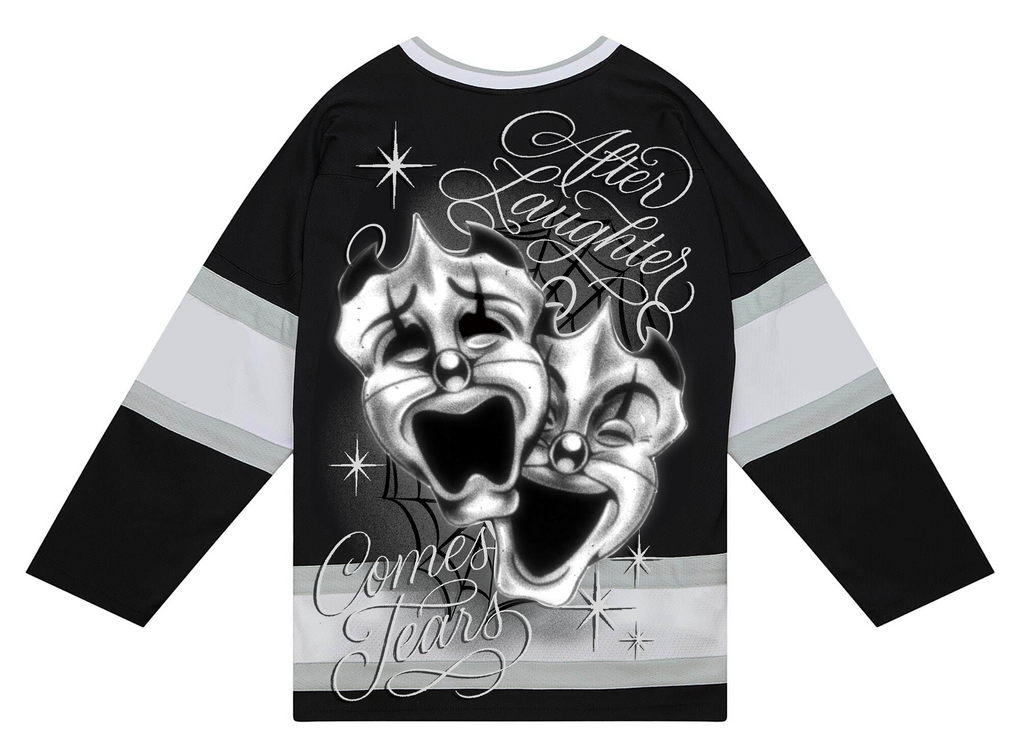 Ultra Premium 'After Laughter Comes Tears' Pen & Ink Cut & Sew Long Sleeve Hockey Jersey (Black/Grey)