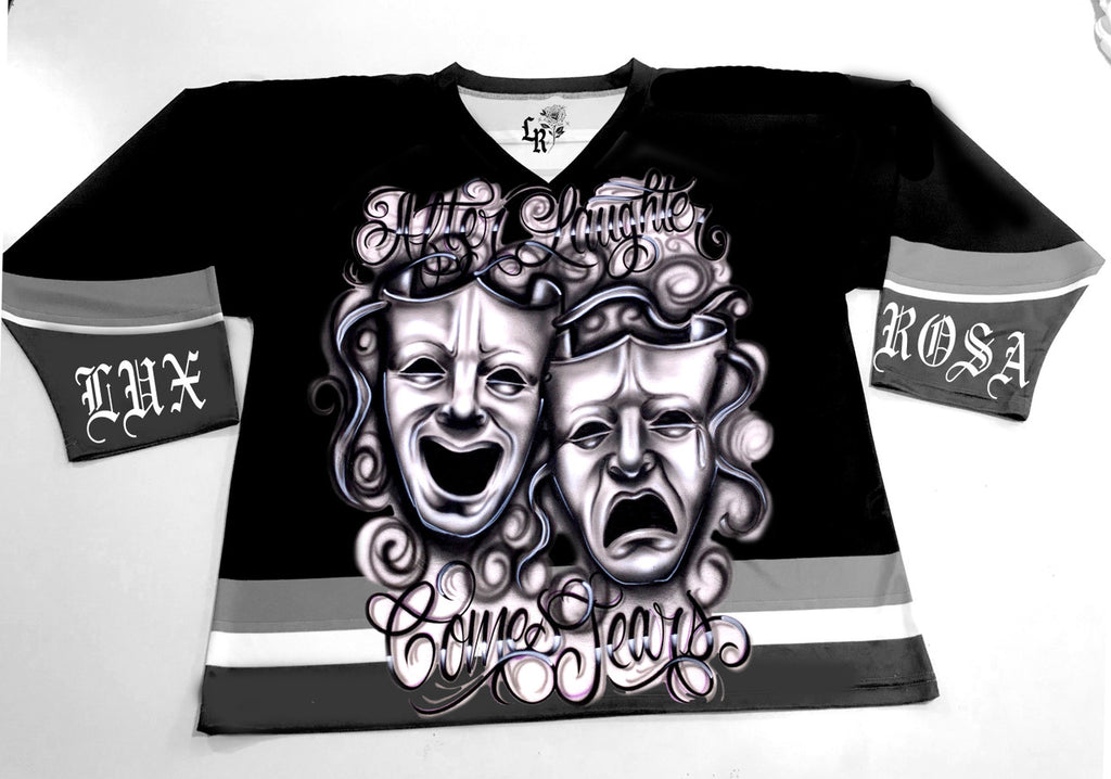 LR 'After Laughter Comes Tears' Airbrush Cut & Sew Long Sleeve Hockey Jersey (Black/White/Grey)