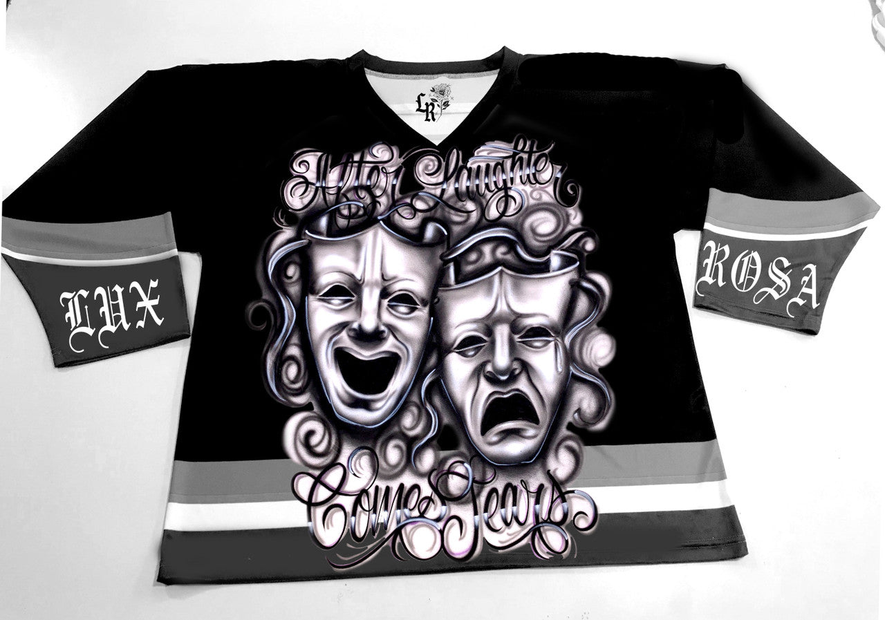 LR 'After Laughter Comes Tears' Airbrush Cut & Sew Long Sleeve Hockey Jersey (Black/White/Grey)