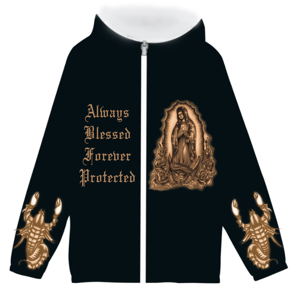 Limited Edition 'Always Blessed, Forever Protected' Airbrushed Cut & Sew Hooded Fleece Lined Windbreaker (Black)