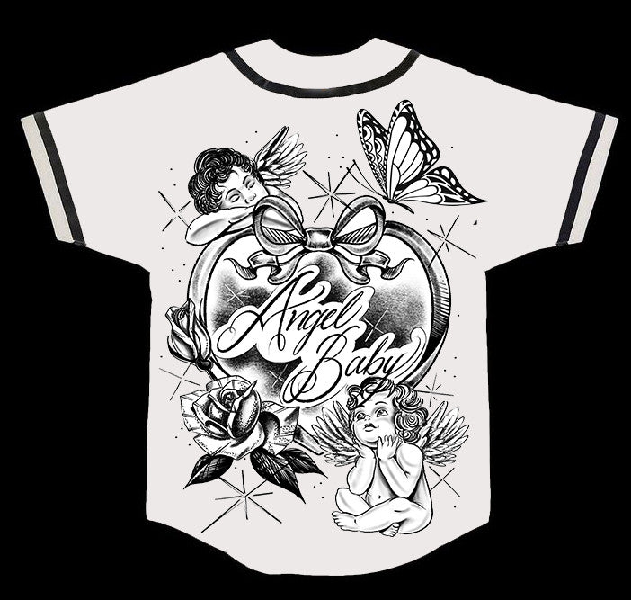LR 'Angel Baby' Cherub Pen and Ink Cut & Sew Baseball Jersey (White/Black)