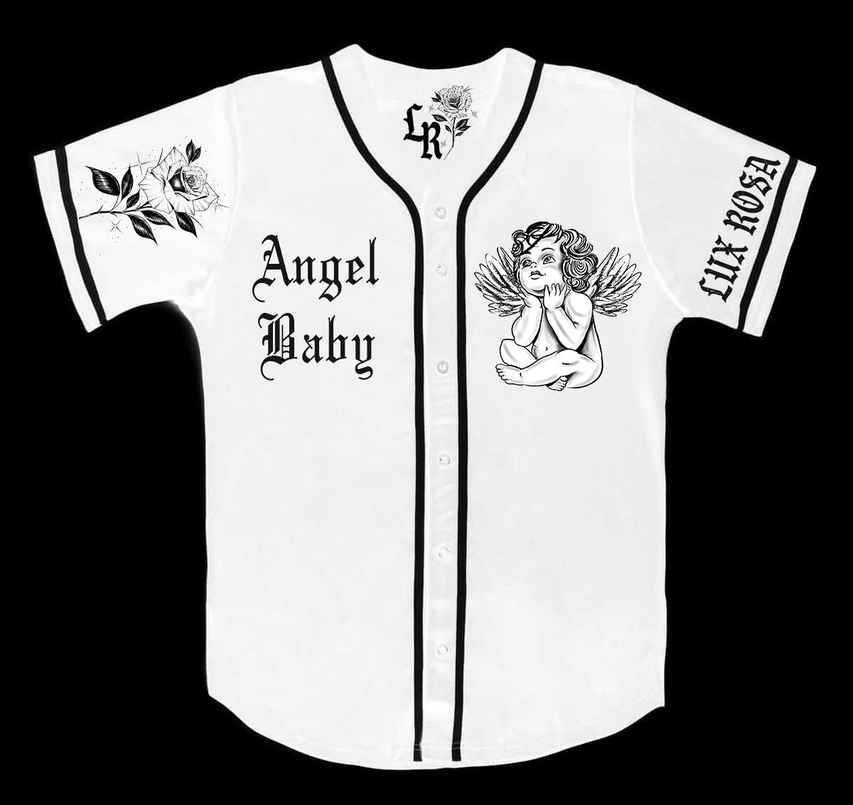 LR 'Angel Baby' Cherub Pen and Ink Cut & Sew Baseball Jersey (White/Black)