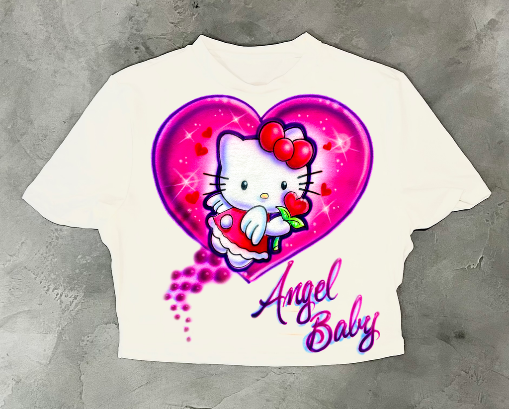 Limited Edition 'ANGEL BABY MEOW' Airbrushed White Crop Tee