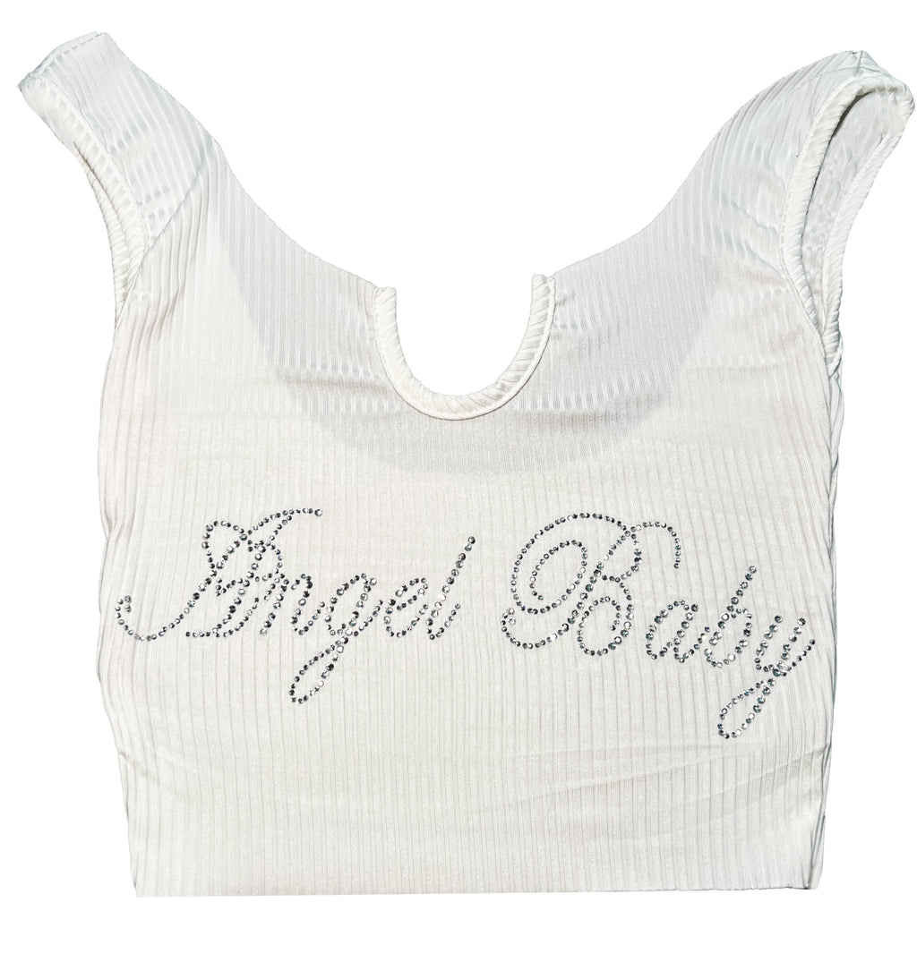 Limited Edition Rhinestone 'Angel Baby' Sparkle Script Rib White Crop Off Shoulder Tank Top