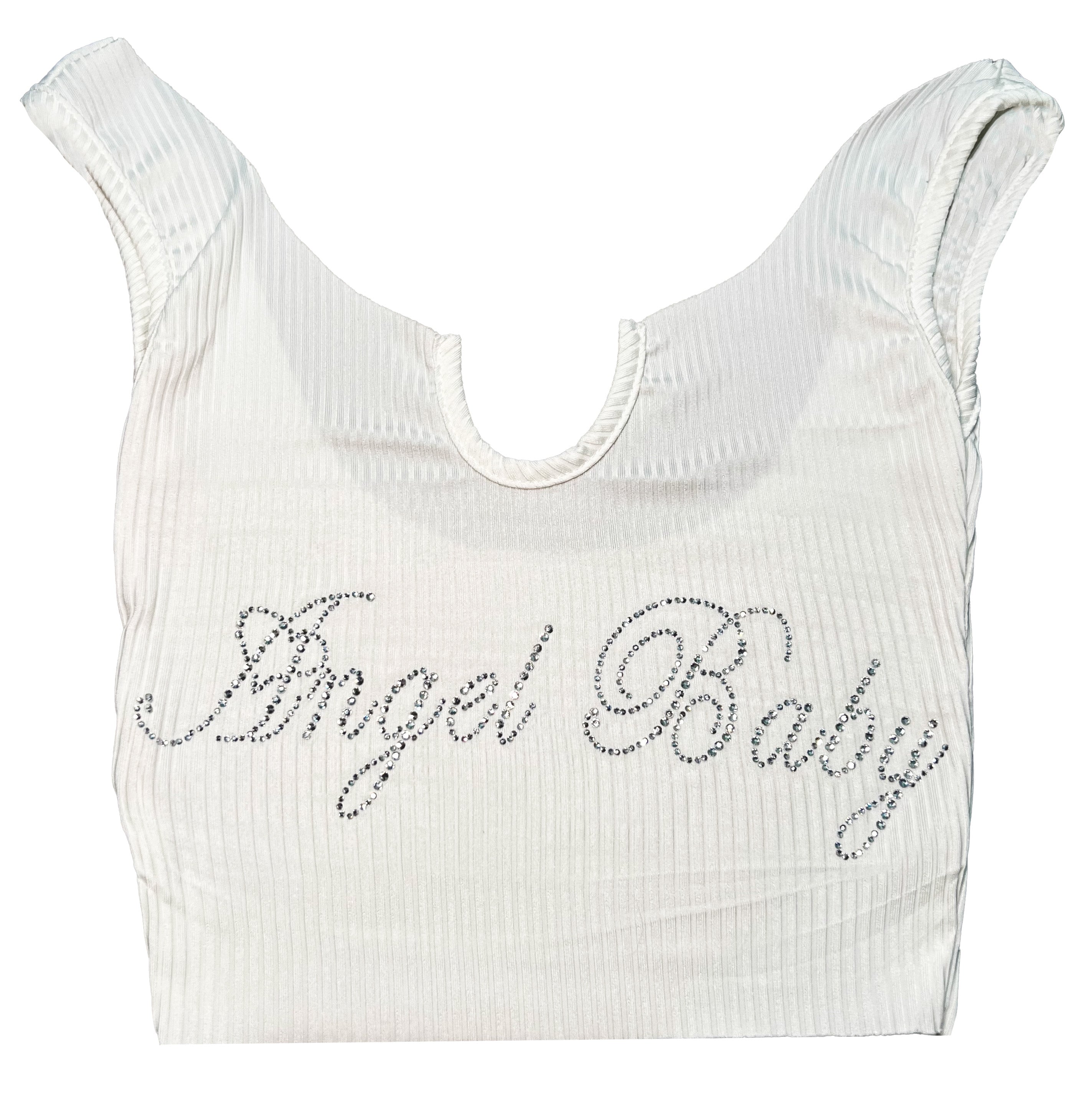 Limited Edition Rhinestone 'Angel Baby' Sparkle Script Rib White Crop Off Shoulder Tank Top