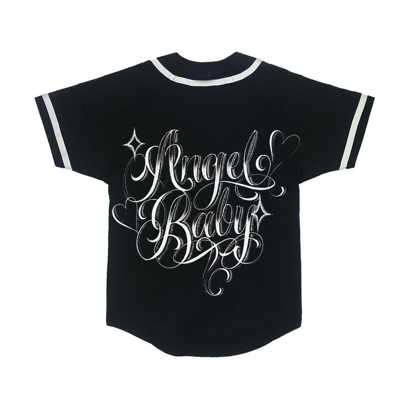 LR 'Angel Baby' Script Pen & Ink Cut & Sew Baseball Jersey (Black/White)