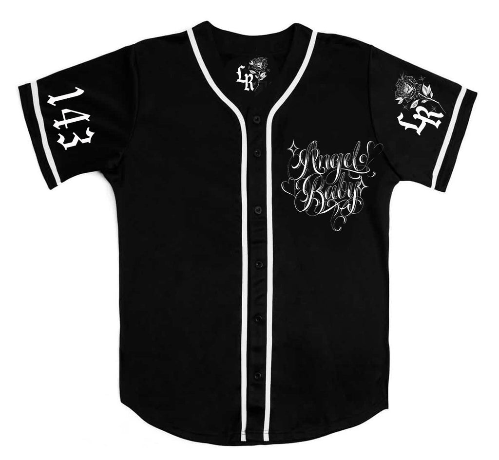 LR 'Angel Baby' Script Pen & Ink Cut & Sew Baseball Jersey (Black/White)