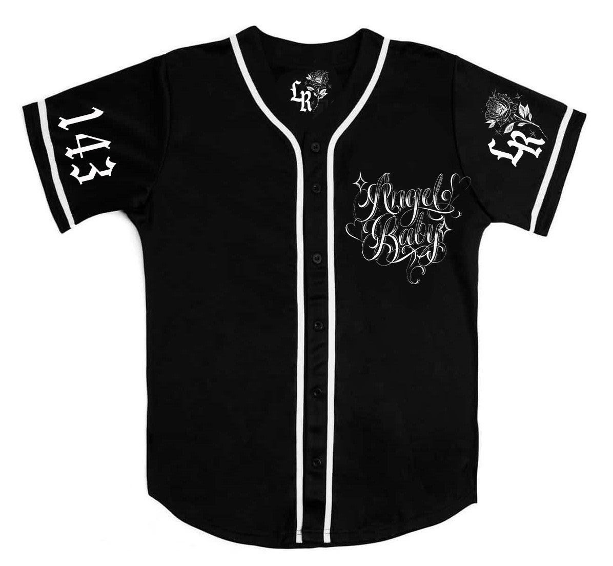 LR 'Angel Baby' Script Pen & Ink Cut & Sew Baseball Jersey (Black/White)