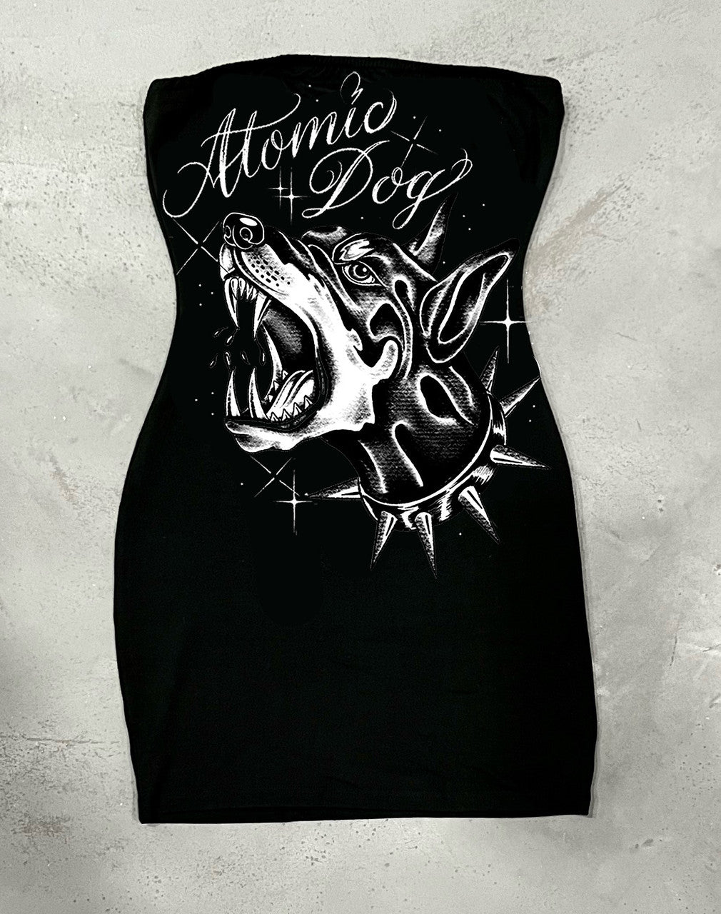 LIMITED EDITION 'ATOMIC DOG' PEN & INK STRAPLESS MINI DRESS (Black)