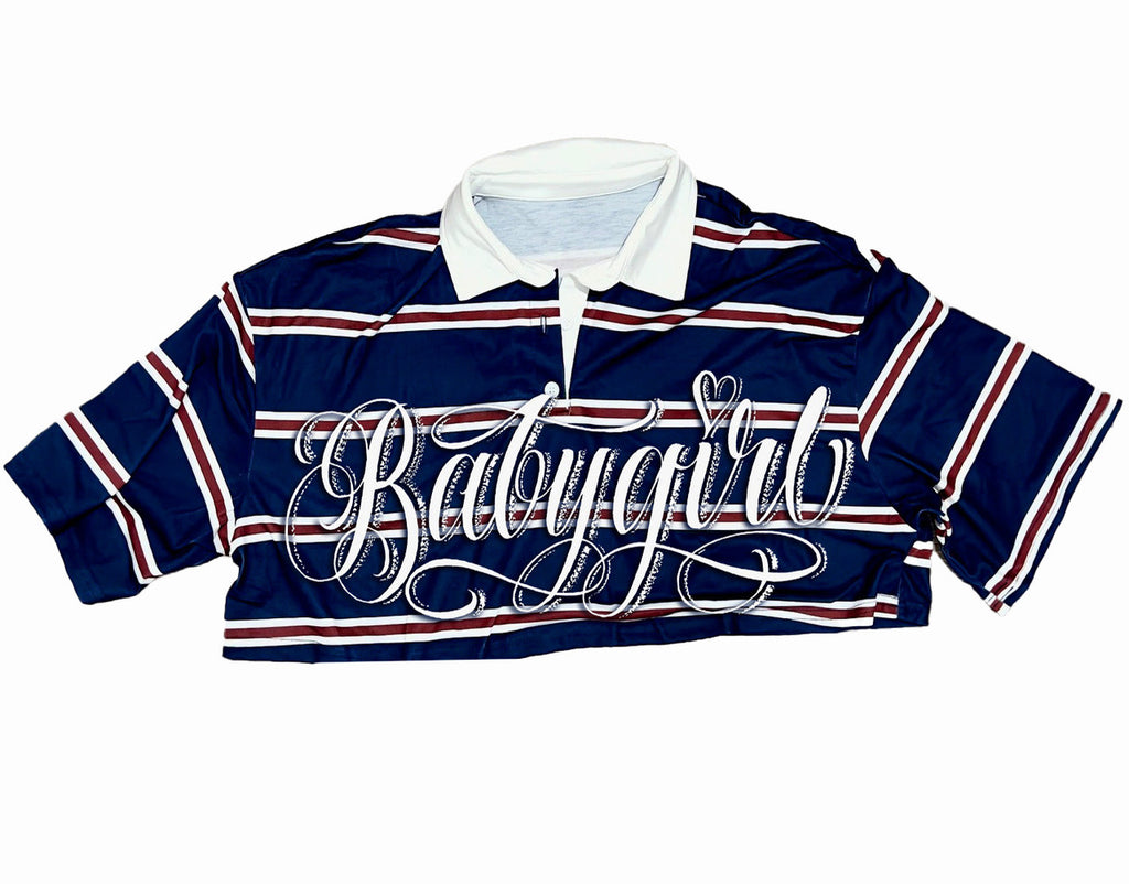 Limited Edition 'BABYGIRL' Custom Script Striped Cropped Rugby Shirt (Navy)