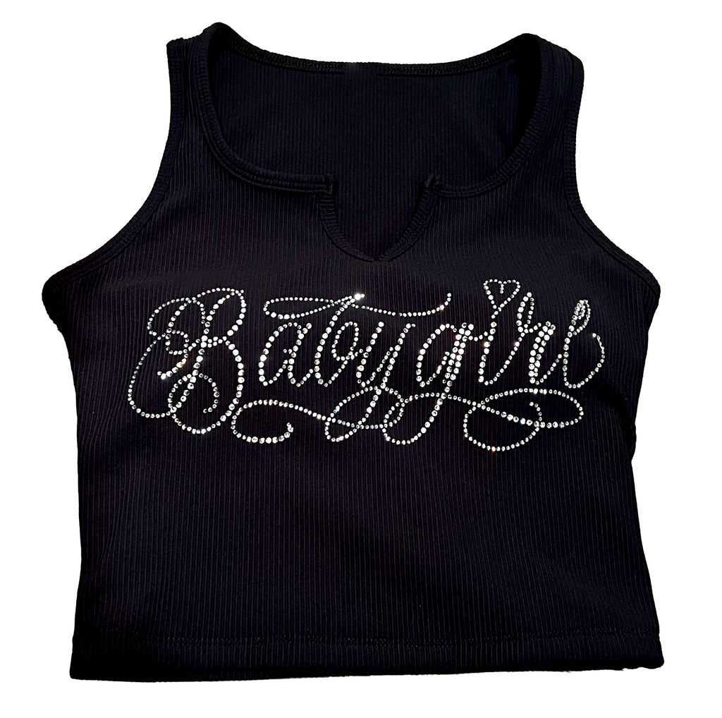 Limited Edition Rhinestone 'Babygirl' Sparkle Script Rib Black Crop Tank Top