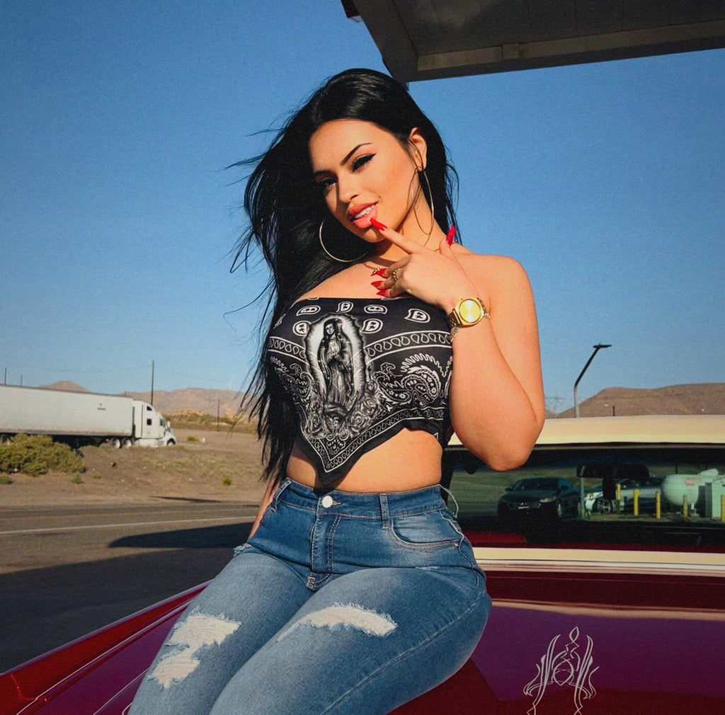 Limited Edition 'OUR LADY' Airbrushed Bandana Tube Top (Black/White)